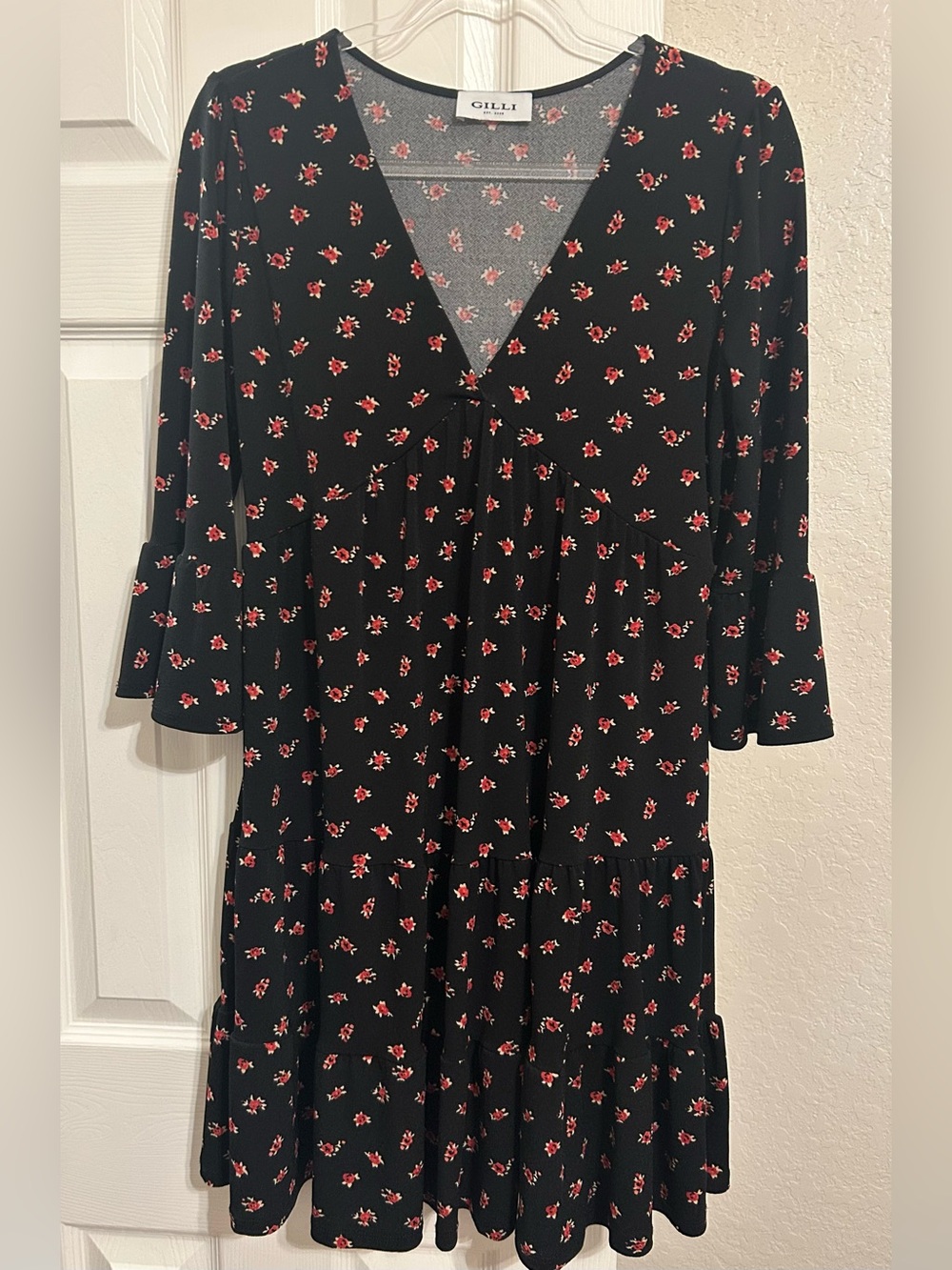 Gilli Black Floral V-Neck Dress with Red Blossoms